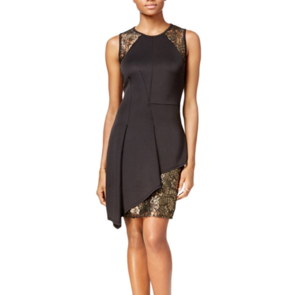 RACHEL Rachel Roy Womens Size 2X Black & Gold Lace Asymmetrical Hem Sheath Dress